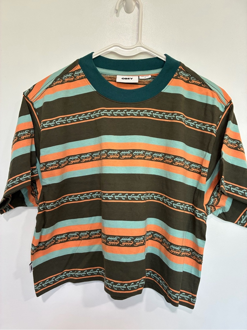 Obey Short-Sleeve Striped Crewneck Tee - Olive, Teal & Orange cropped